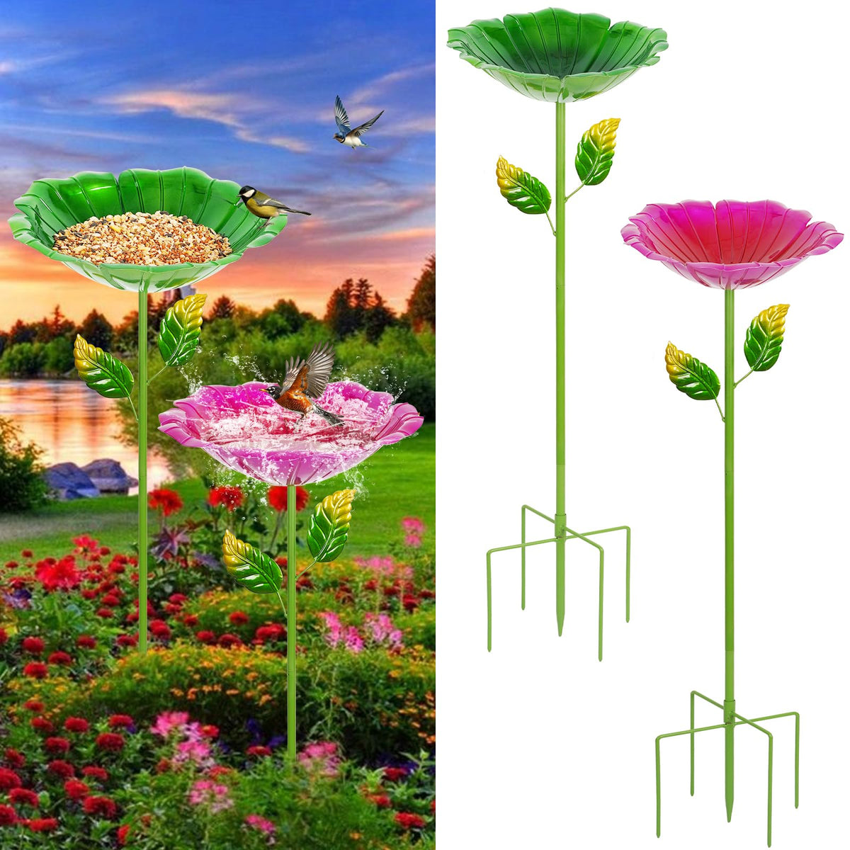 Retyion bird bath flower bowl red enhances garden color and bird visits