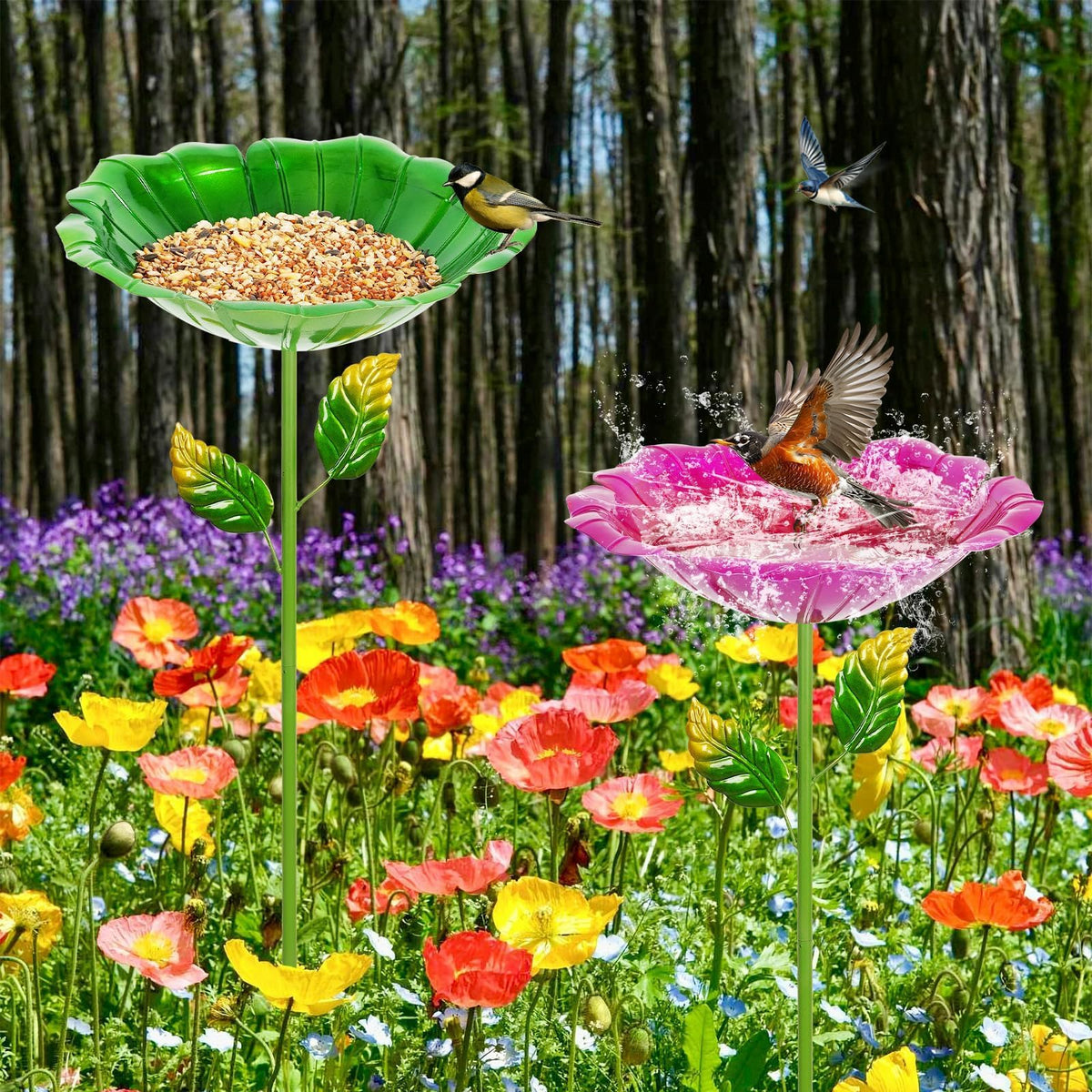Retyion bird bath stake assembly facilitates quick outdoor setup