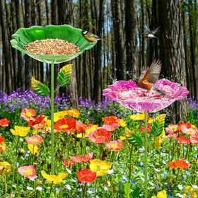 Retyion bird bath stake assembly facilitates quick outdoor setup