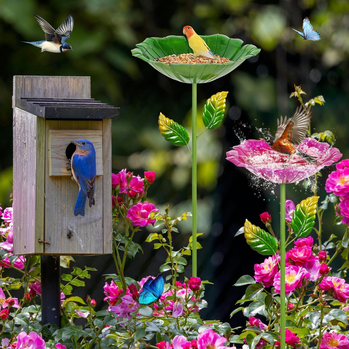 Retyion bird bath wide view shows bowl and stakes