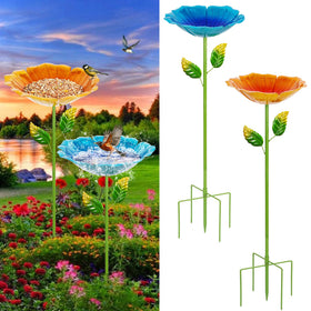 Retyion blue yellow flower bird bath stake elevates garden color and bird-watching opportunities.