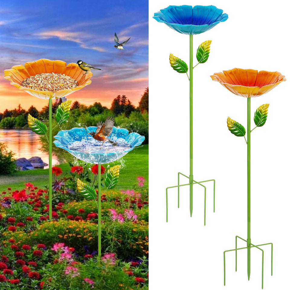 Retyion blue yellow flower bird bath stake elevates garden color and bird-watching opportunities.