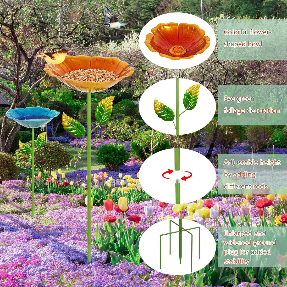 Retyion colorful metal bird bath bowl showcases durability and easy-water access for birds.