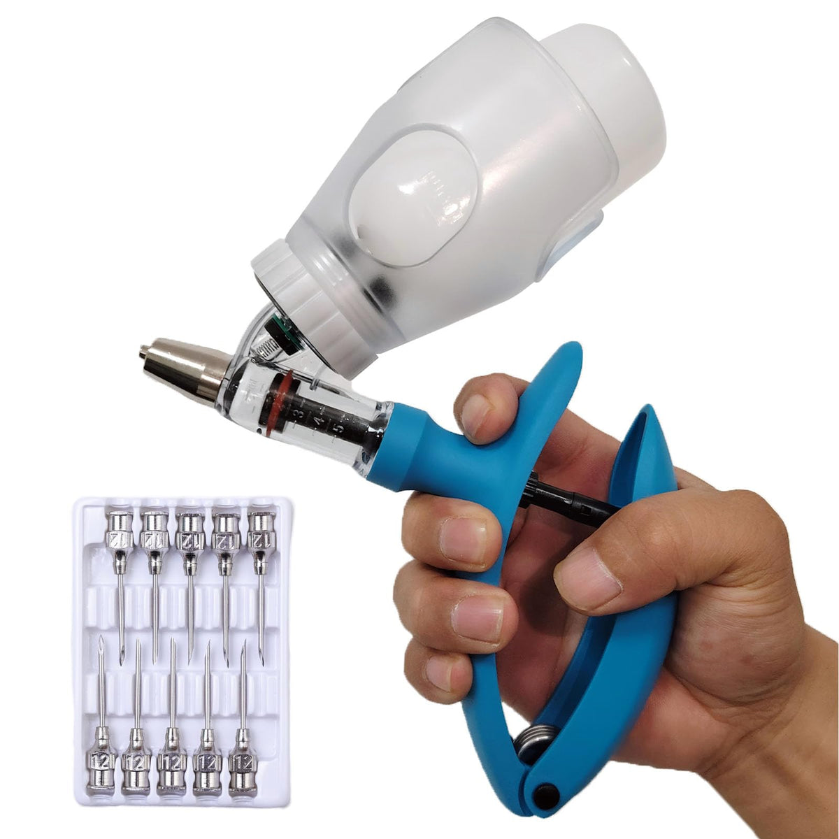 ReuVibk 5ML Livestock Syringe Gun blue with bottle refill for efficient vaccination.