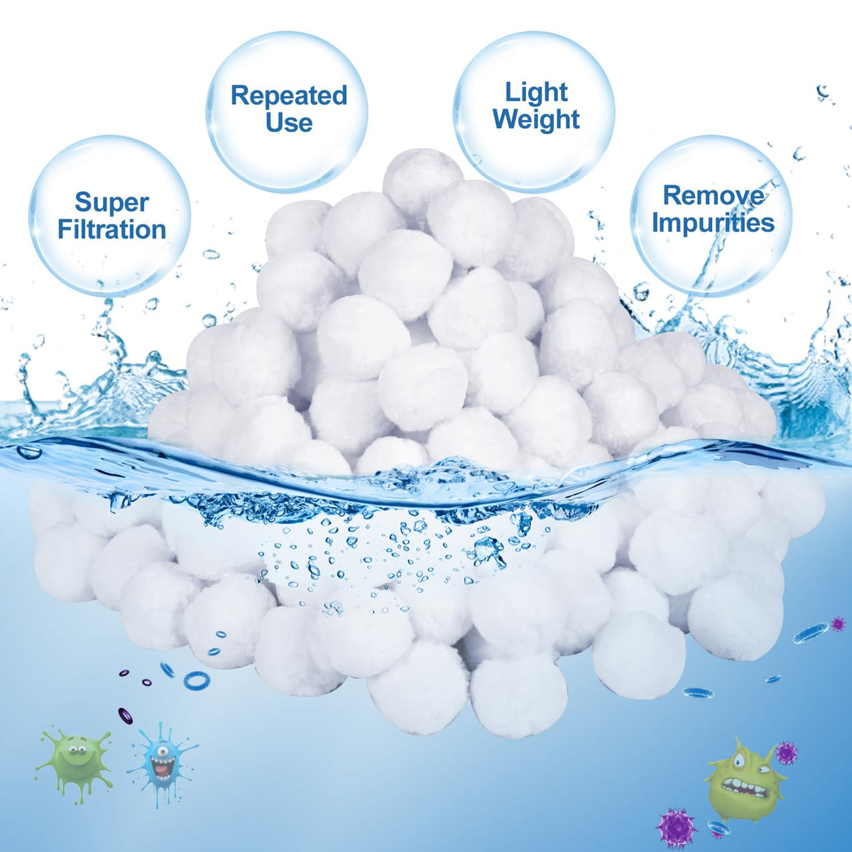 REVICOAR pool filter balls close-up showing strong adsorption capacity