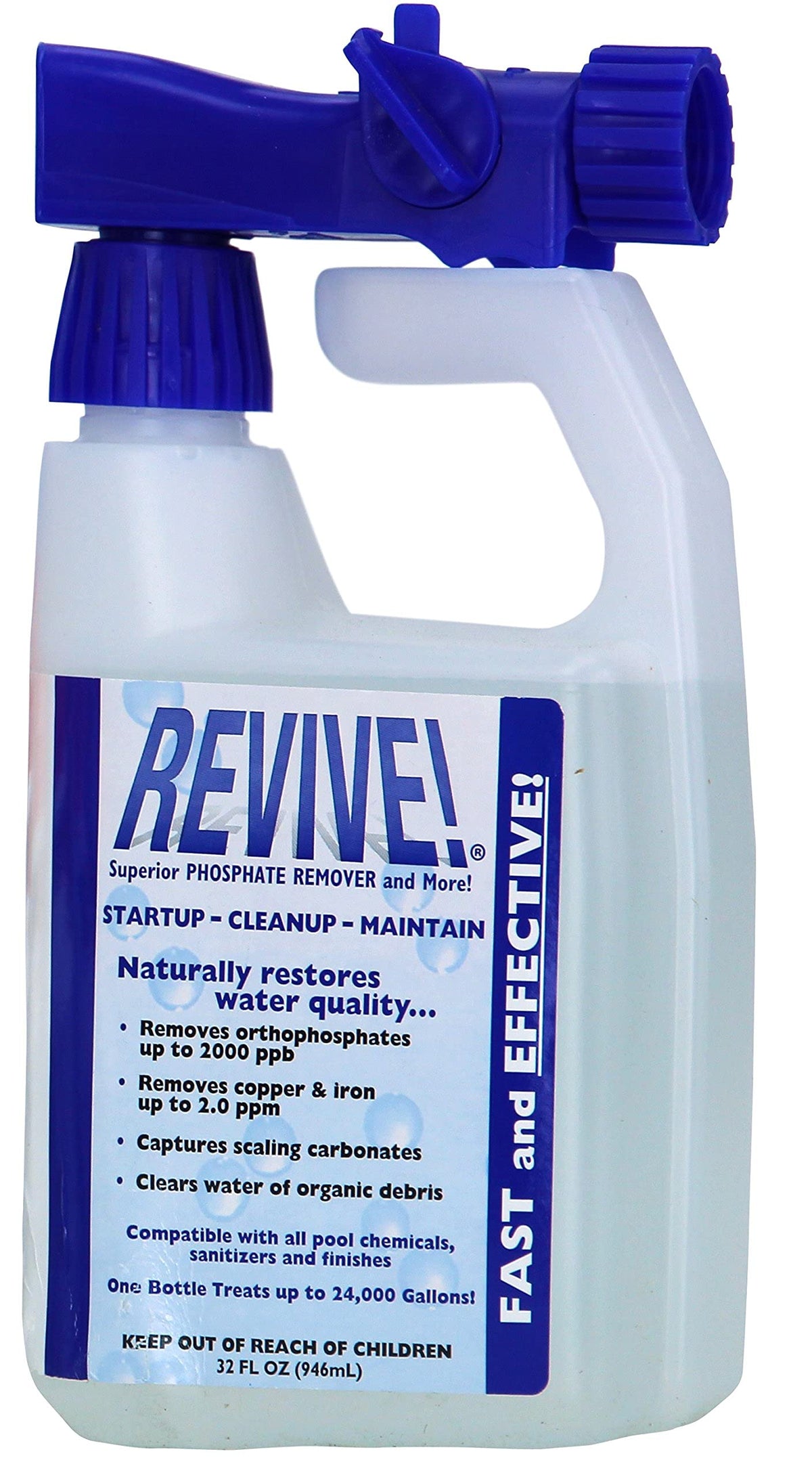 REVIVE pool phosphate remover bottle reducing phosphates for clearer, healthier pool water.