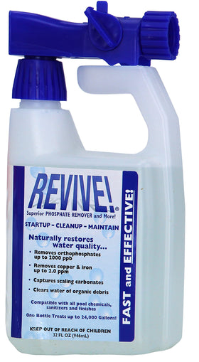REVIVE pool phosphate remover bottle reducing phosphates for clearer, healthier pool water.