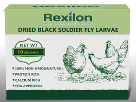 Rexilon dried BSF larvae bag shows premium chicken feed packaging