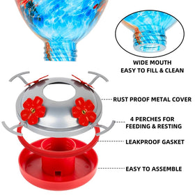 REZIPO hummingbird feeder with 38 oz capacity for extended viewing and fewer refills.