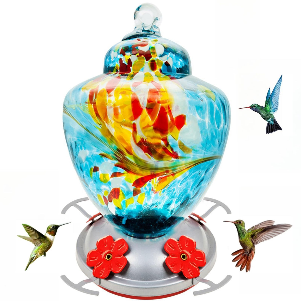 REZIPO hummingbird feeder with blue hand-blown glass for nectar visibility and easy refills.