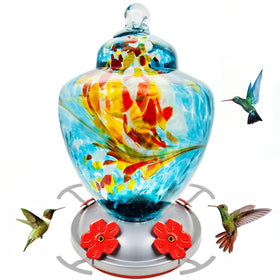 REZIPO hummingbird feeder with blue hand-blown glass for nectar visibility and easy refills.