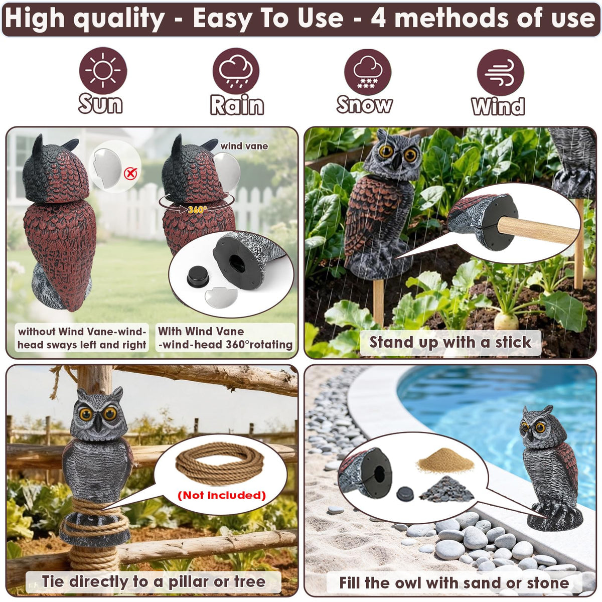 RGBRW waterproof plastic owl stands strong in rain and sun.