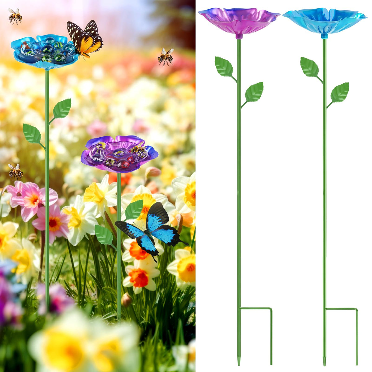 RGJ bee watering station flower-design attracts pollinators in the garden.