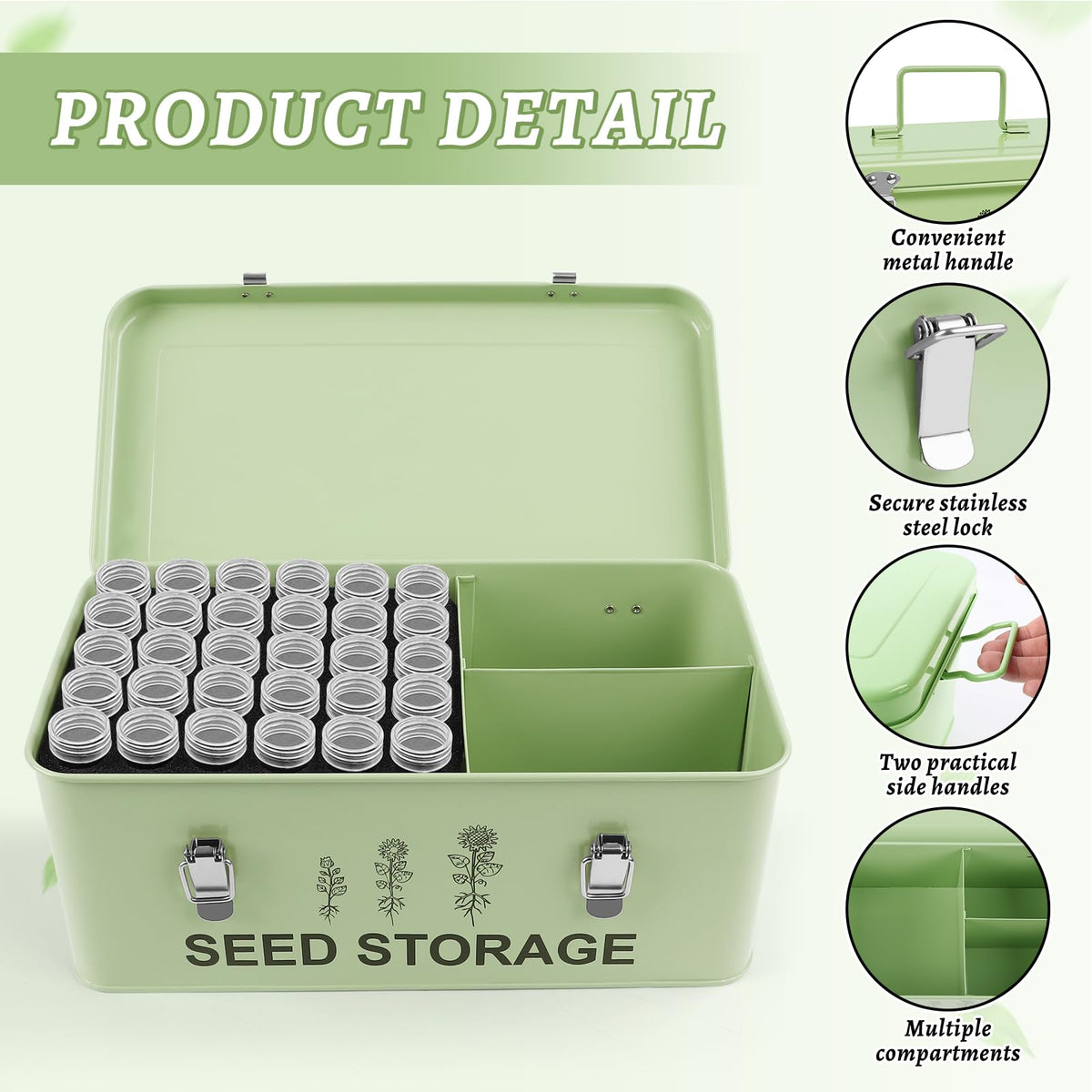 RGJ metal seed storage with three compartments organizes seeds, tools, and envelopes.