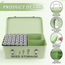 RGJ metal seed storage with three compartments organizes seeds, tools, and envelopes.