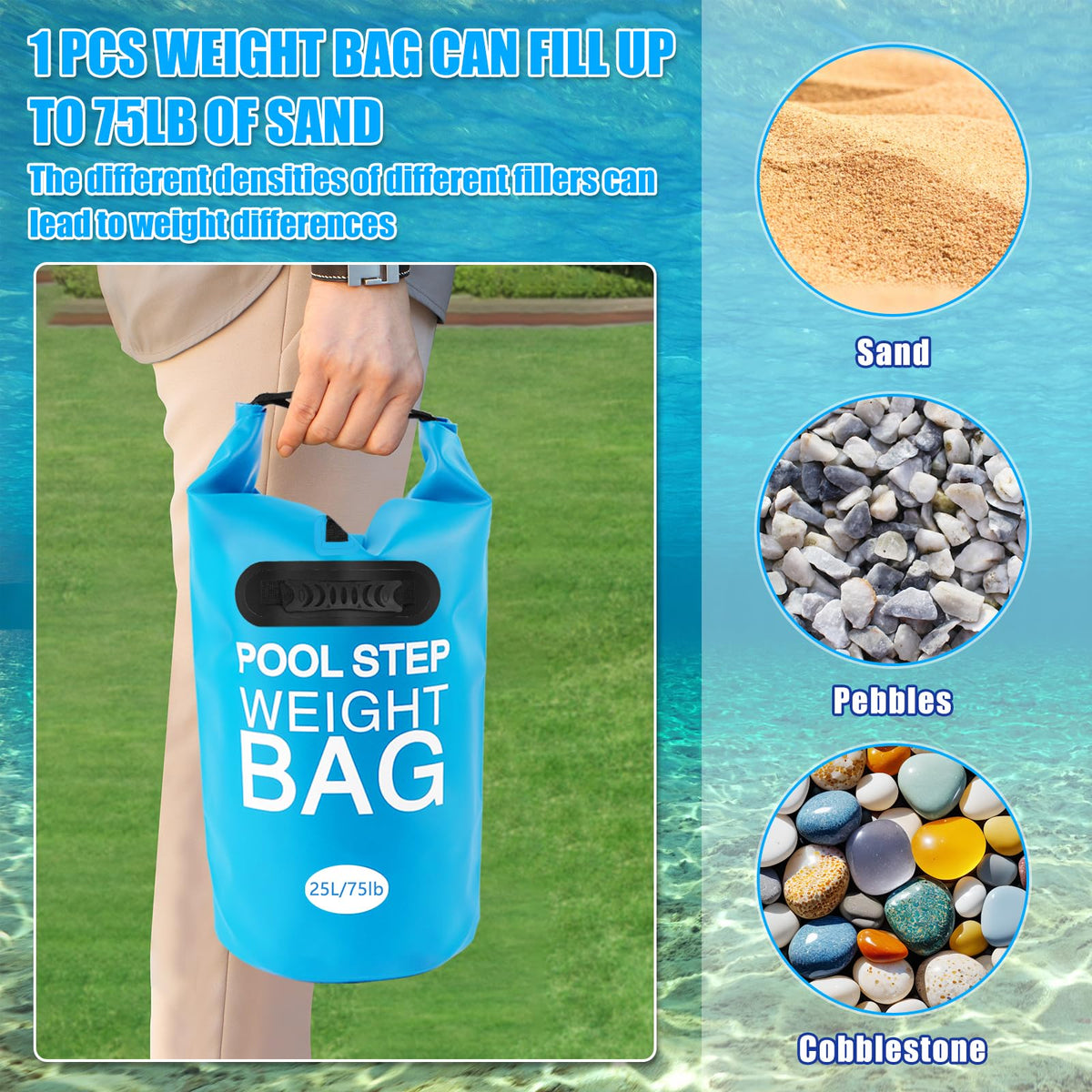 RGJ sky blue weight bags improve visibility and add color to pool area