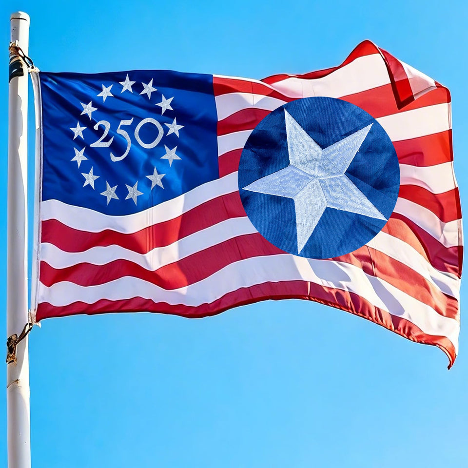 RHEVA 250-year flag embroidery detail with prominent 250 symbol and precise stitching
