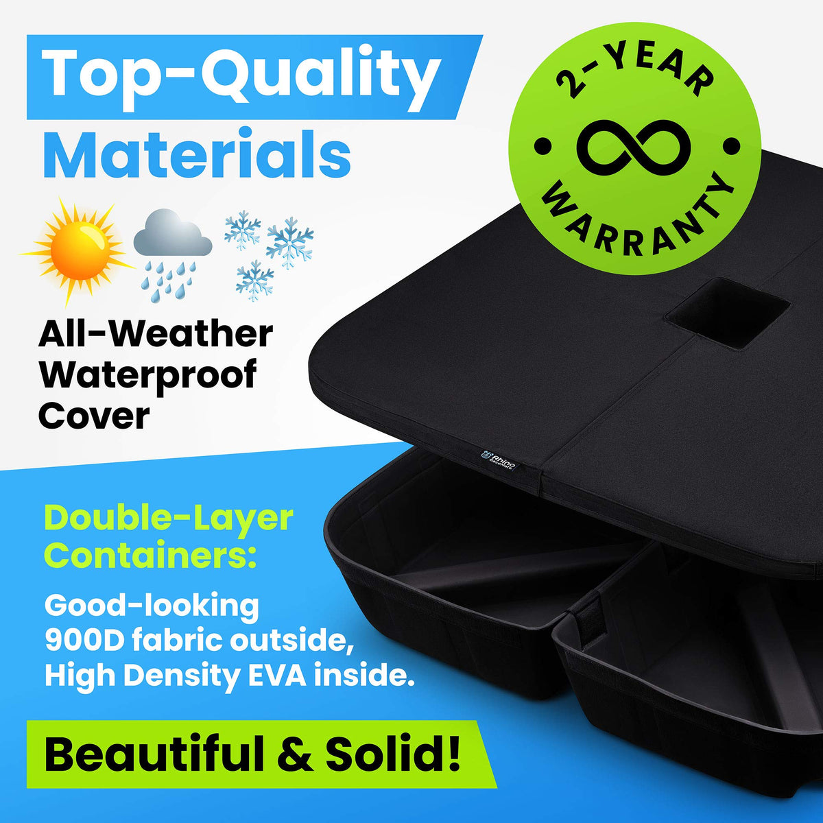 Rhino BaseMate 200 lb capacity secures cantilever umbrellas on any base type.