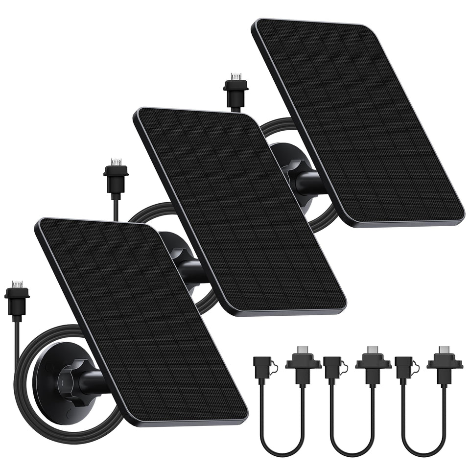 Rhorawill solar panel 3-pack powering Blink cameras for continuous charging