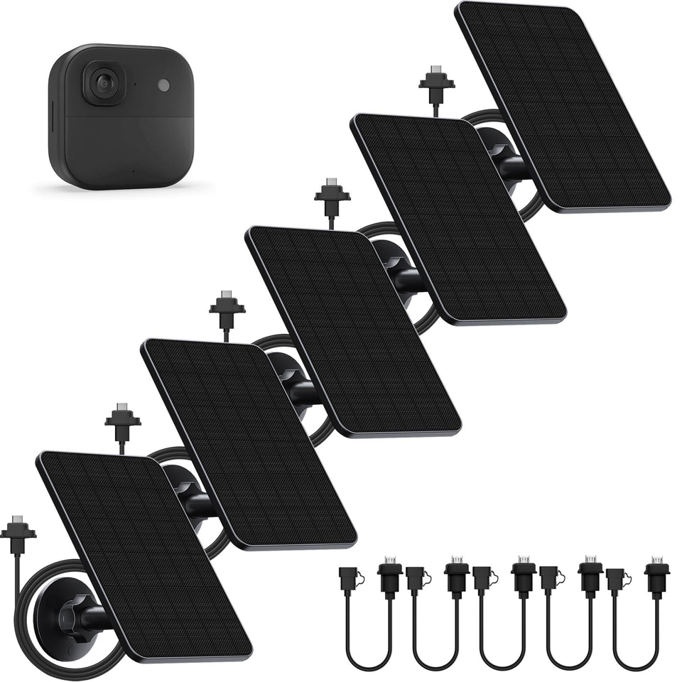 Rhorawill solar panel 5-pack powering Blink Outdoor cameras with reliable solar charging outdoors