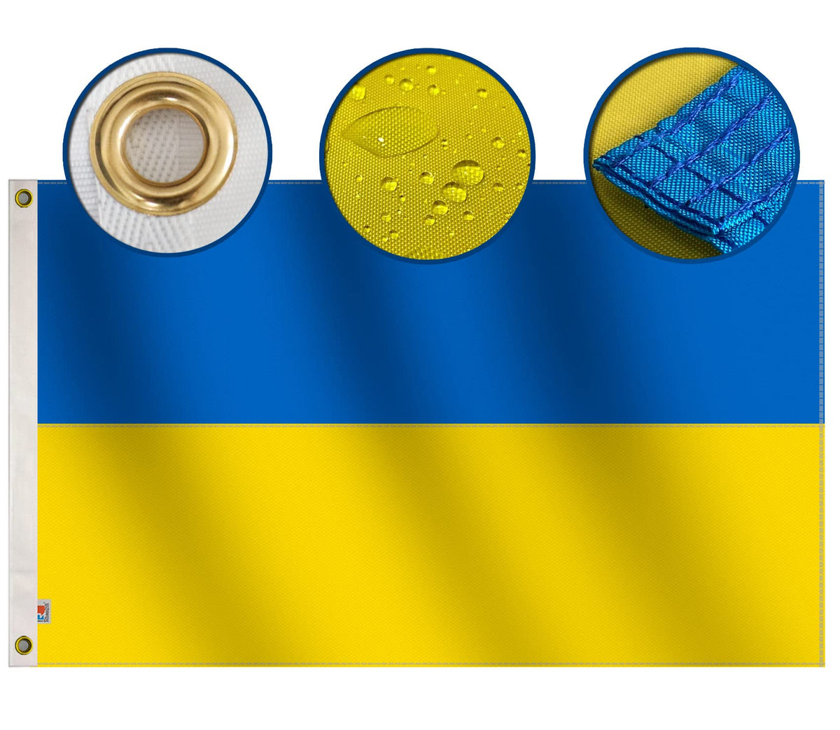 Rhungift Ukraine flag 3x5ft fluttering, showcasing quadruple stitching at the fly end.