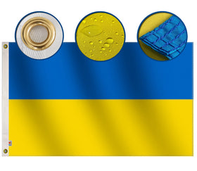 Rhungift Ukraine flag 3x5ft fluttering, showcasing quadruple stitching at the fly end.
