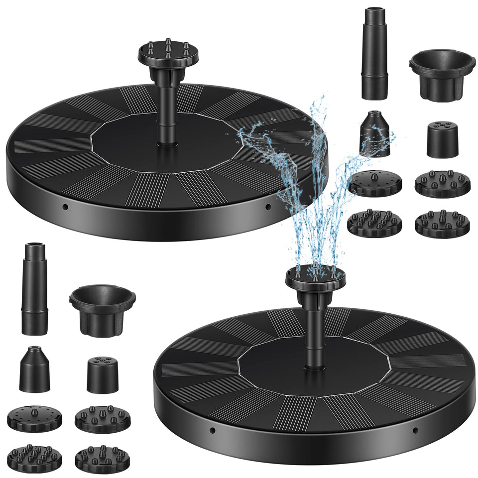 Riakrum solar bird bath fountain pump with 6 nozzles for versatile garden spray patterns.