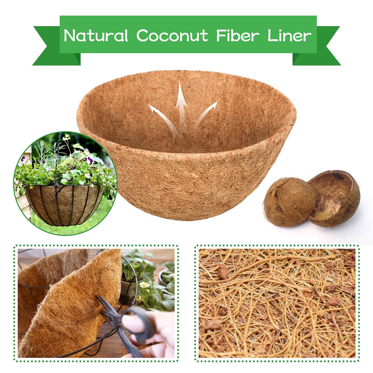 Riare coconut coir liner is breathable and durable for hanging baskets.