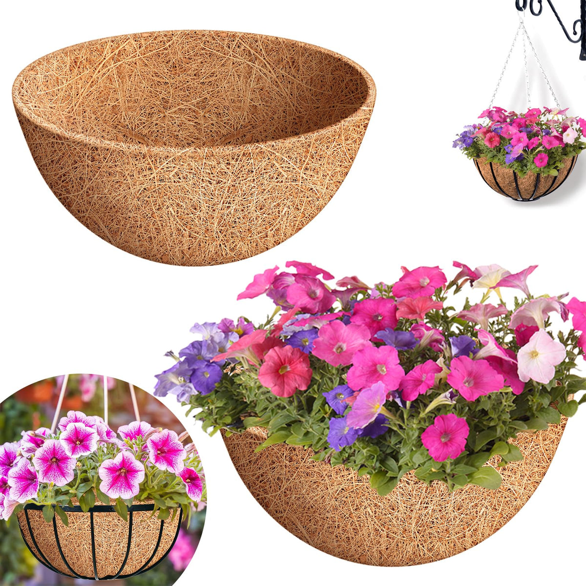 Riare 16-inch round coco liner 2-pack for hanging baskets, improves aeration and moisture retention.