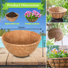 Riare coco liner placed in a hanging basket with thriving flowers.