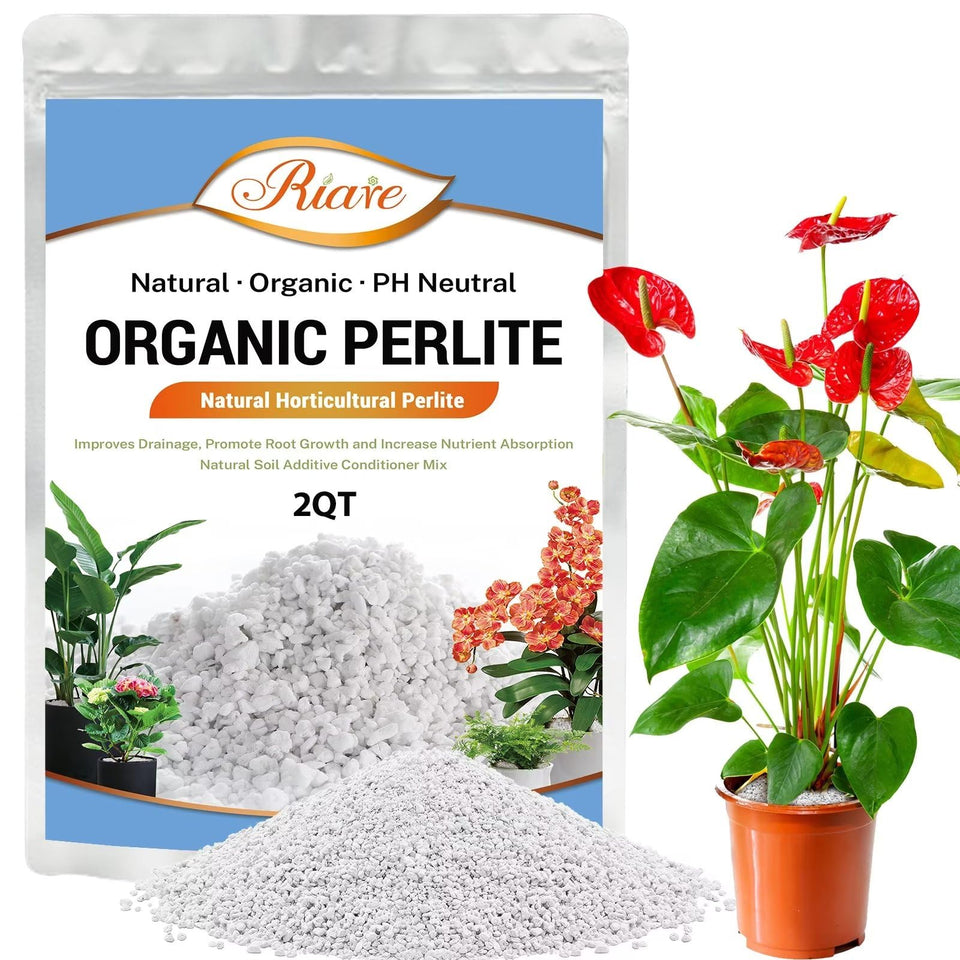 Riare 2-quarts Organic Perlite packaging shows pure horticultural grade for versatile soil amendments.