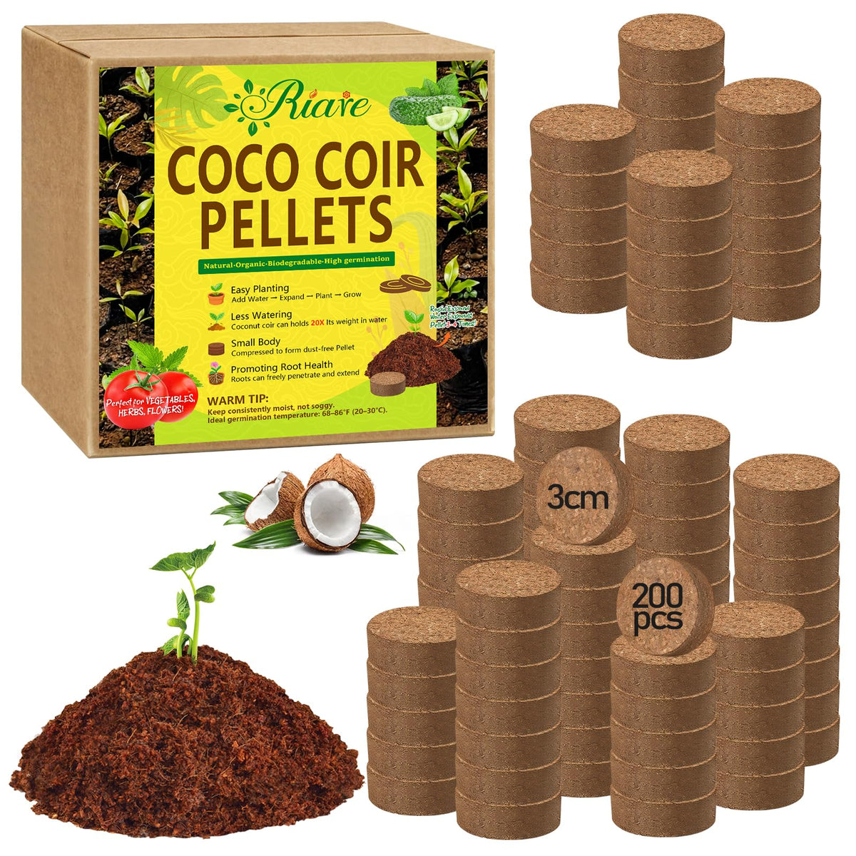 Riare 200 pcs coco coir pellets seed starter expanding into germination medium.