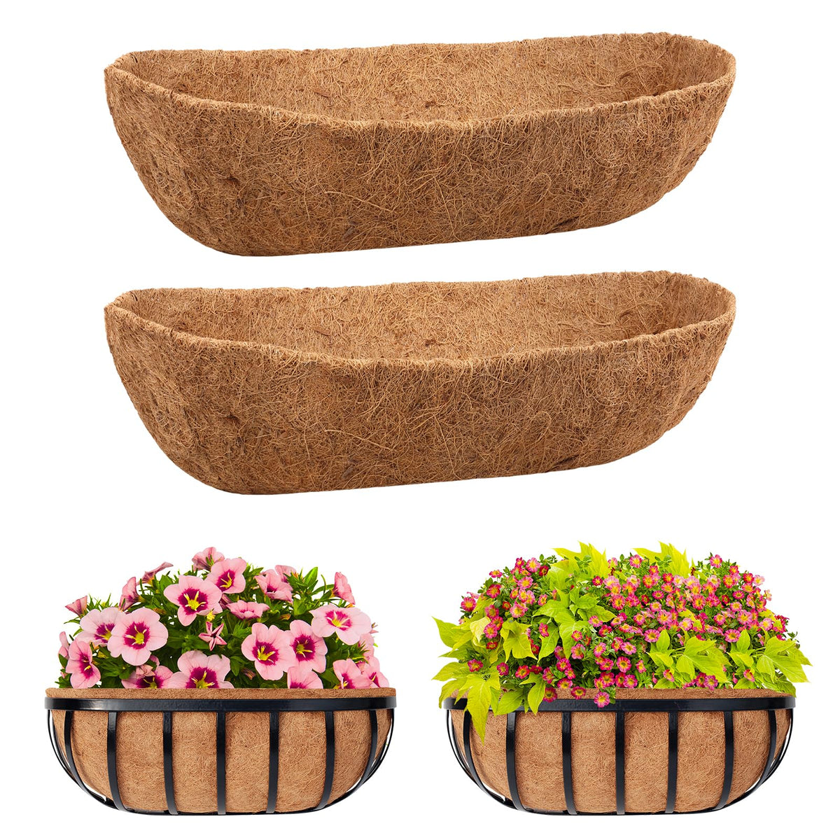 Riare 2-pack trough coco coir liner, 30-inch diameter, enhances planter drainage.