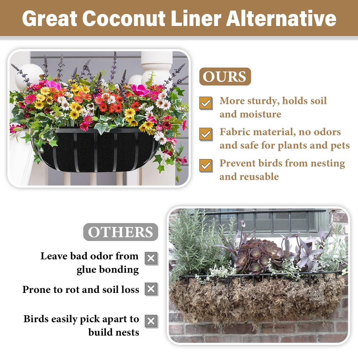 Riare liner demonstrates 8-inch depth for stable soil retention in a basket.