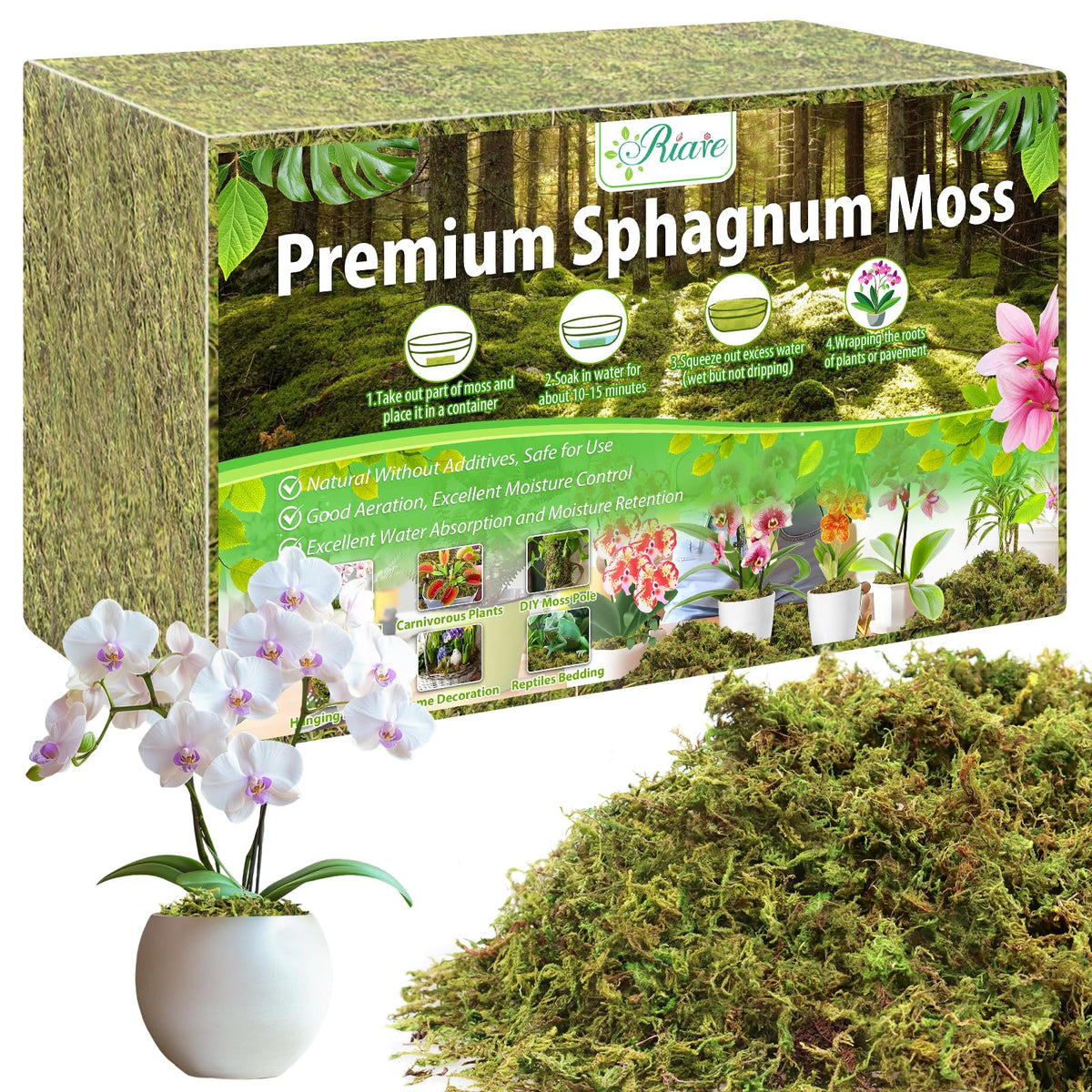 Riare 4.4lbs sphagnum moss brick ready to soak for quick expansion.