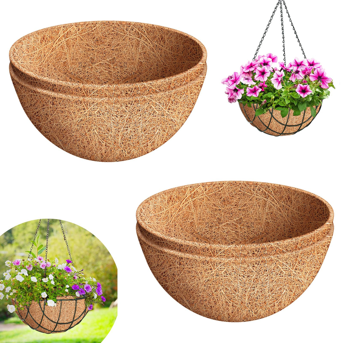 Riare 4-pack 10-inch round coco liner ready for hanging baskets, breathable and water-retentive.