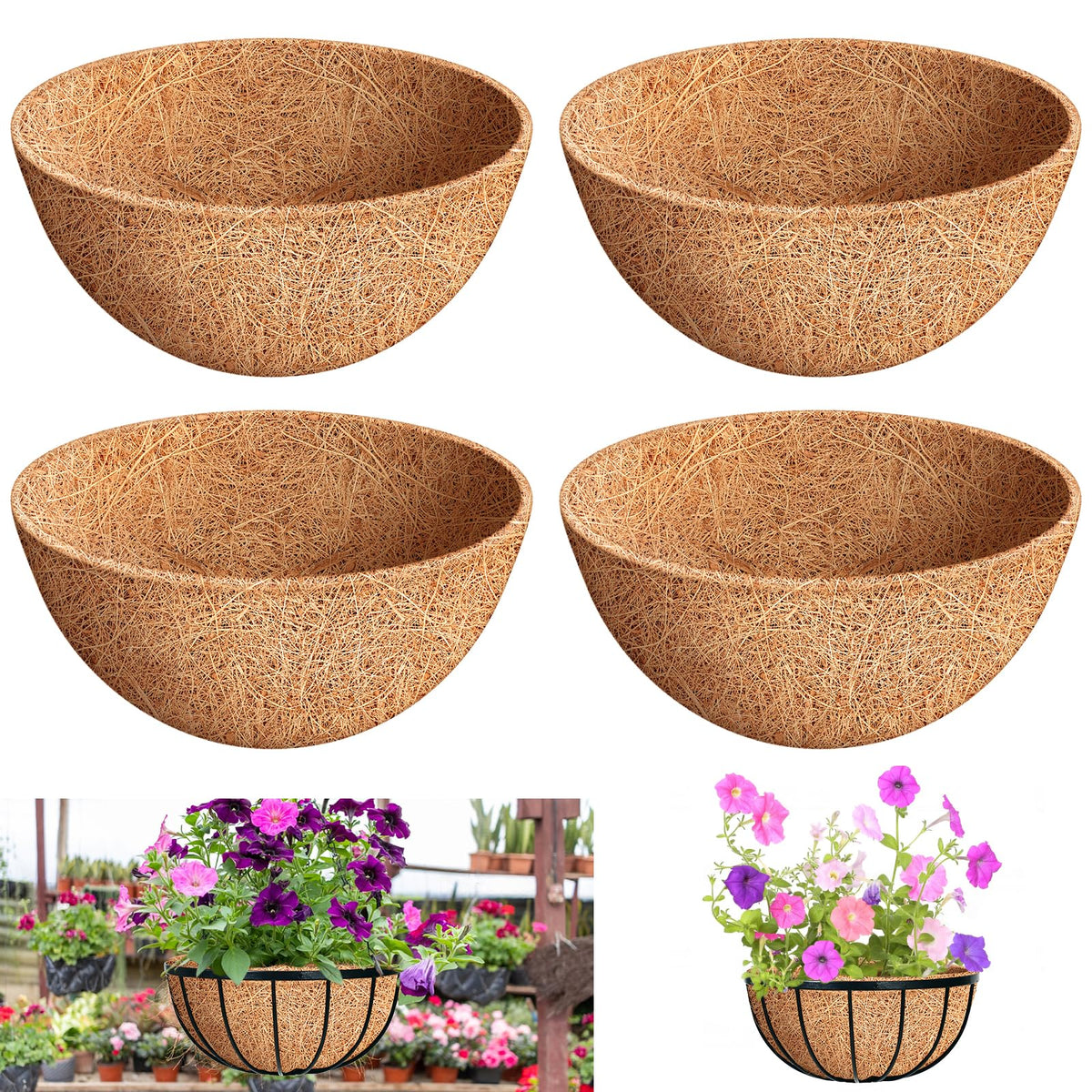 Riare 4-Pack 12-Inch Round Coco Liners ready for hanging baskets.