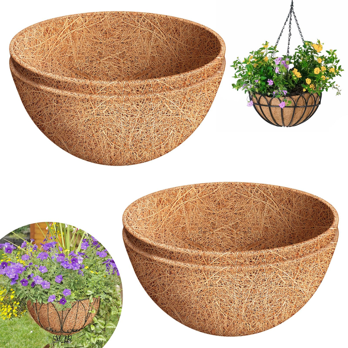 Riare 14-inch round coco liner for baskets improves airflow and moisture retention.