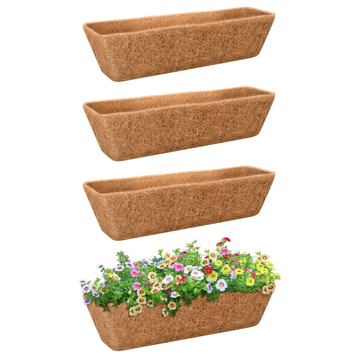 Riare 4-pack rectangle coconut liner ready to fit planters and maximize root space.