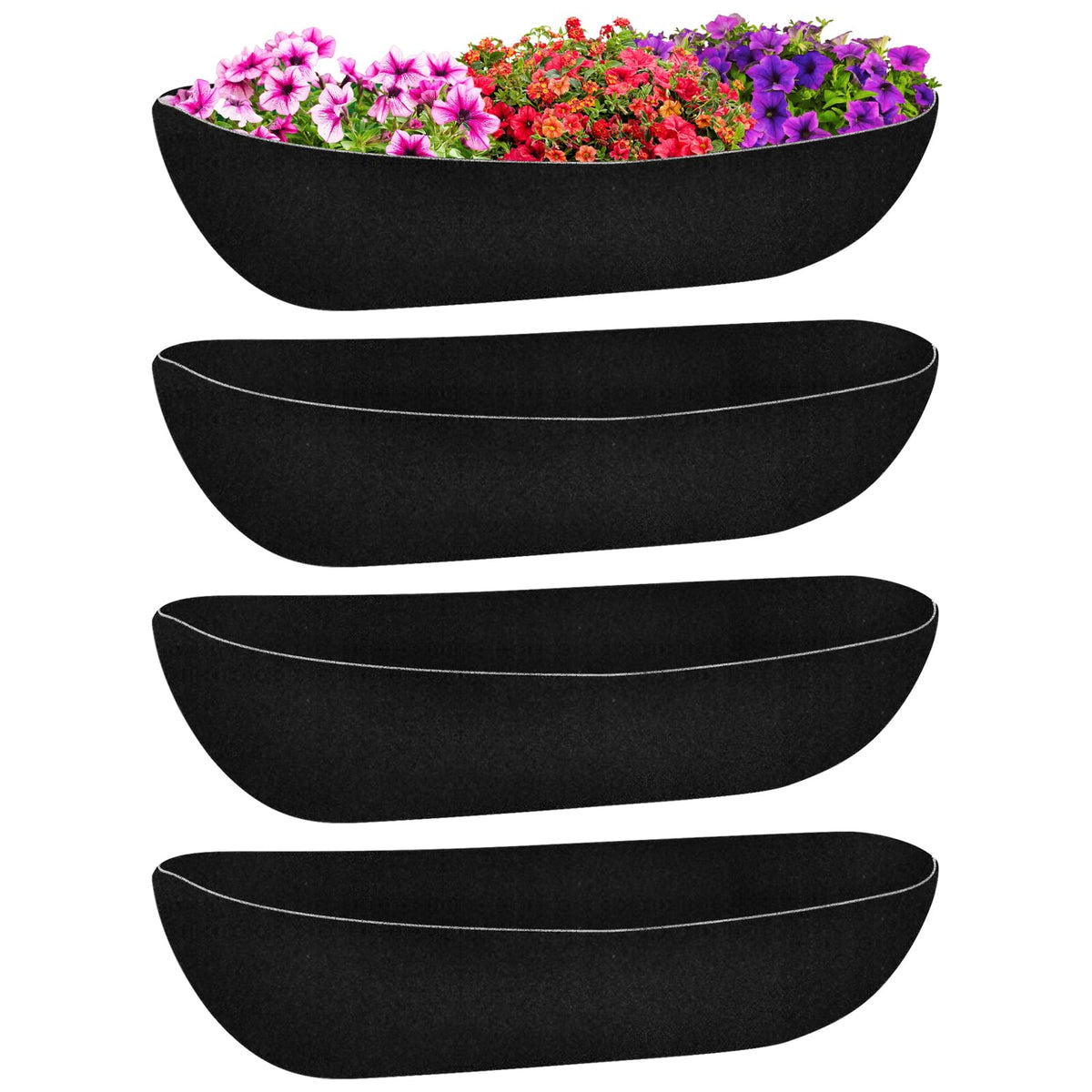 Riare 4-pack 30-inch black felt window box liners ready for hanging baskets; holds soil securely.