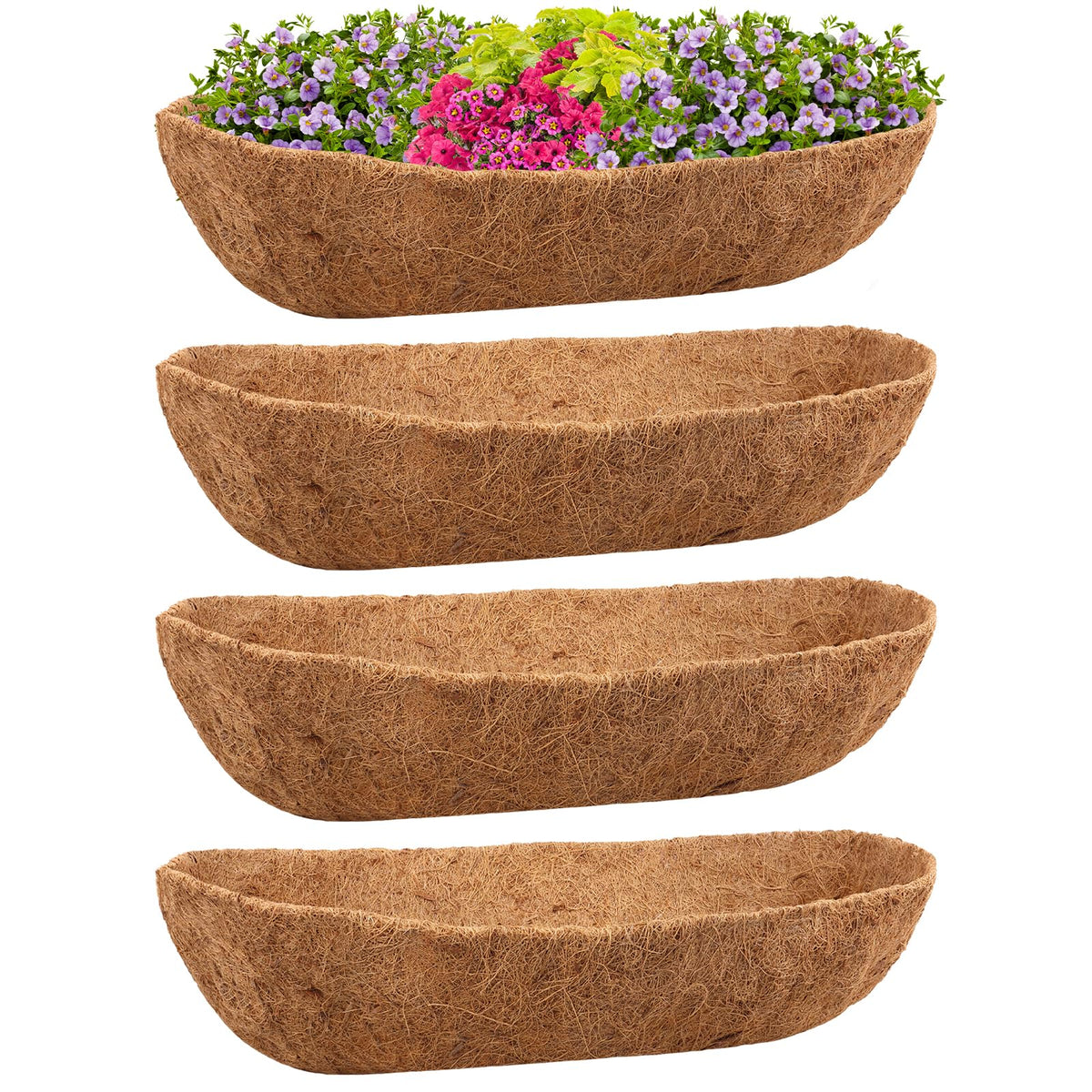 Riare 4-pack 30-inch trough coco coir liner in use with wall planters for drainage.