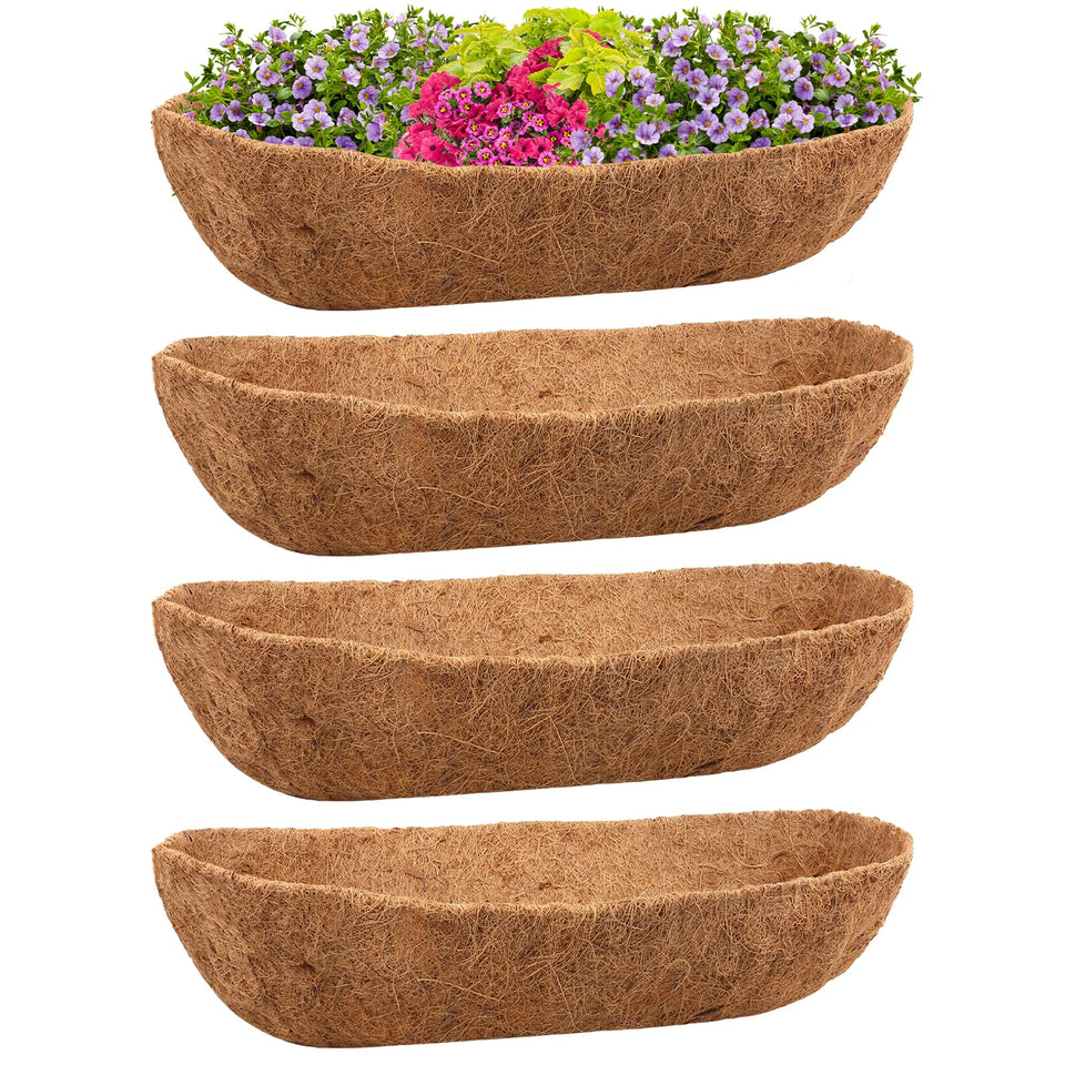 Riare 4-pack 30-inch trough coco coir liner in use with wall planters for drainage.