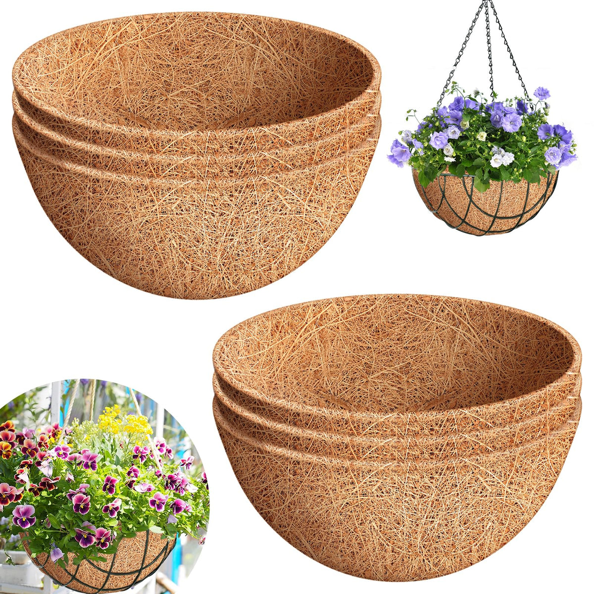 Riare 6-pack 14-inch round coco liners for hanging baskets and planters – natural fiber