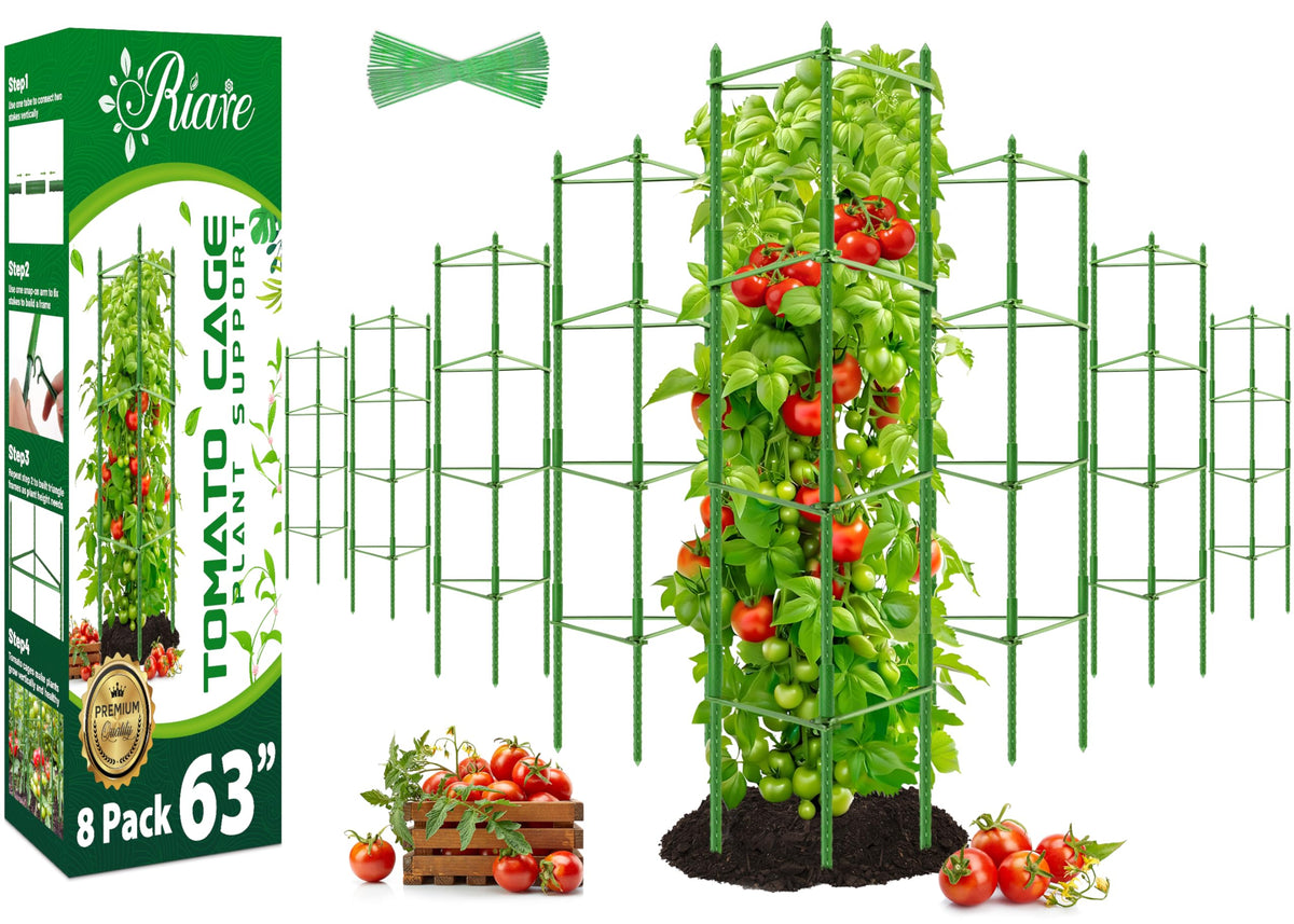 Riare 8 pack tomato cages front view showing sturdy vertical garden support