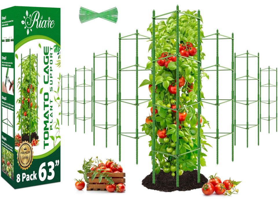 Riare 8 pack tomato cages front view showing sturdy vertical garden support