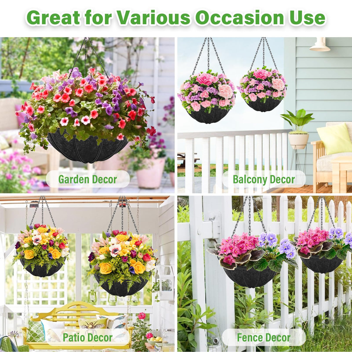 Riare black-edge liner enhances indoor and outdoor hanging baskets.