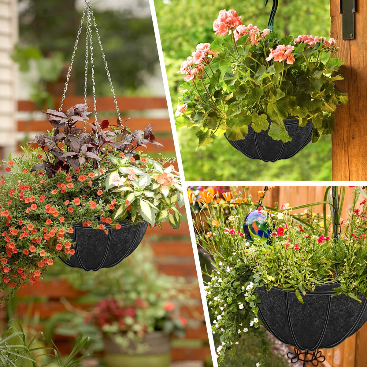 Riare black hanging basket liner seen inside a planter for a sleek look.