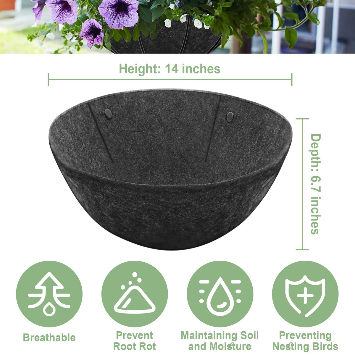 Riare black hanging basket liner suitable for indoor and outdoor decor.