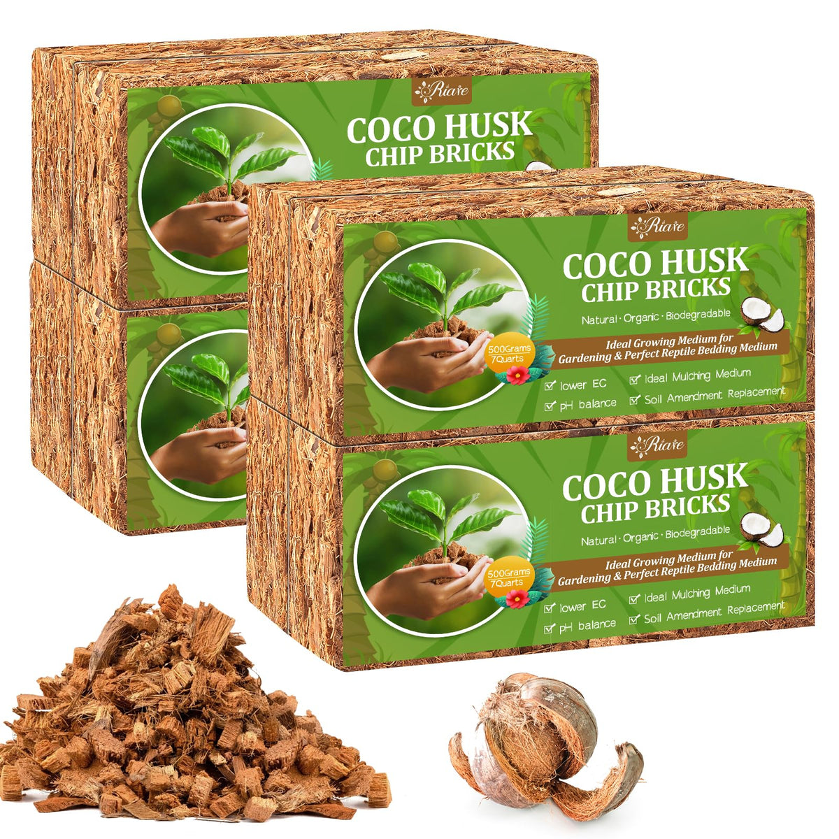 Riare Coco Chips bricks 8-pack expand for versatile planting substrate.