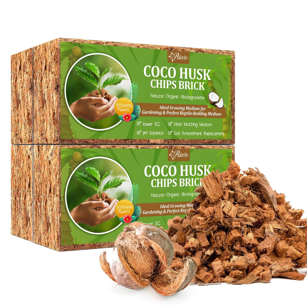 Riare coco chips bricks pack provides a natural planting substrate for diverse plants.